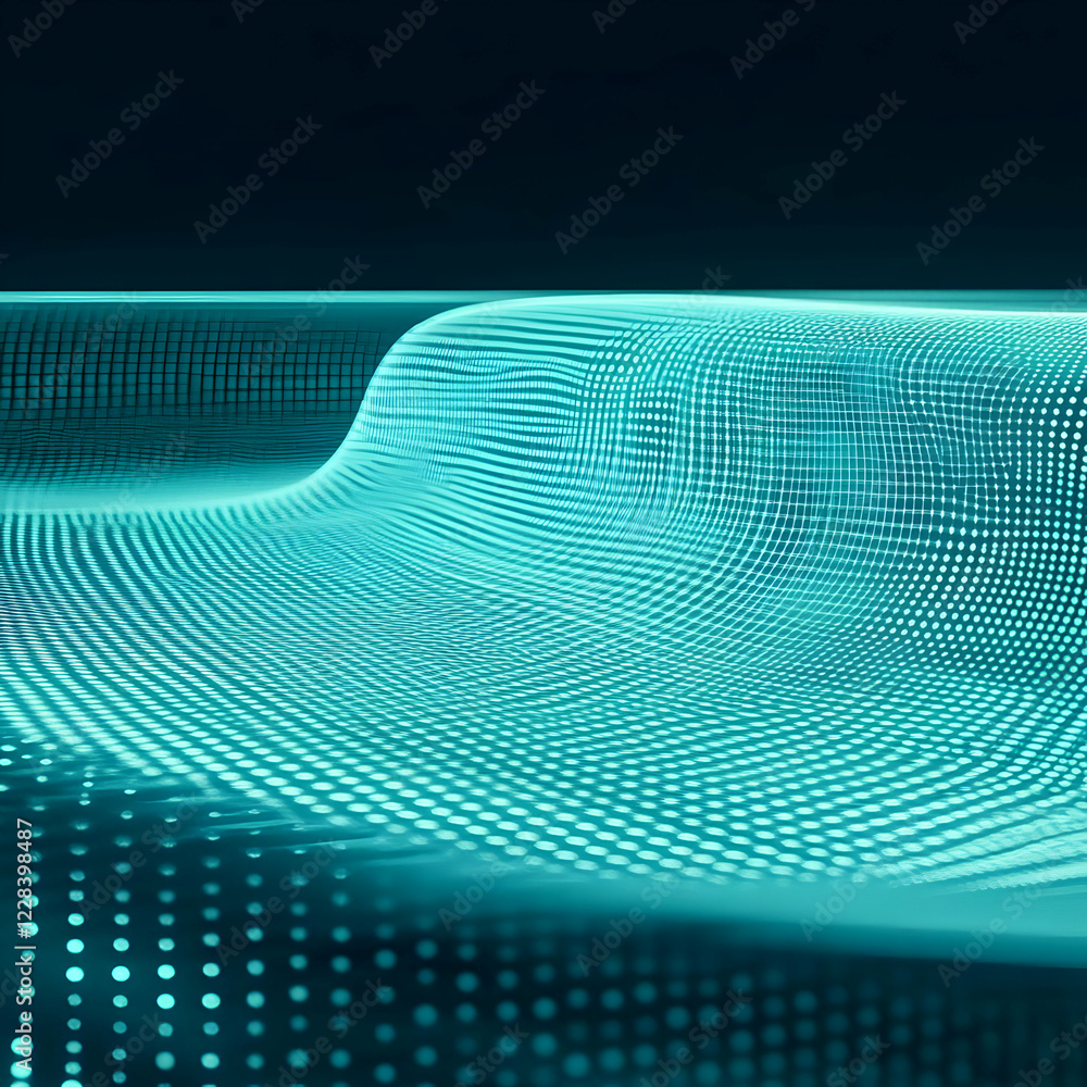 Poster abstract 3d background creates a flowing wave of turquoise dots and grids seamlessly