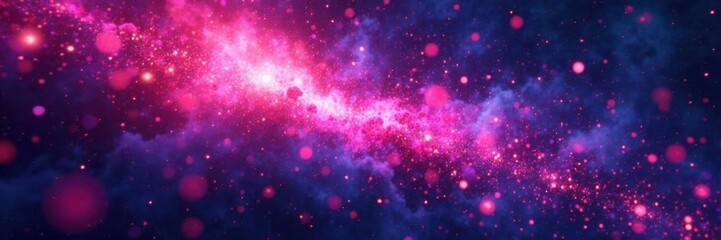 Space background with colorful explosions of bright pink and purple particles, shockwave, explosion, galaxies
