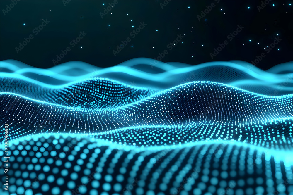 Poster abstract 3d blue dotted wave background gently flows across the screen seamlessly.