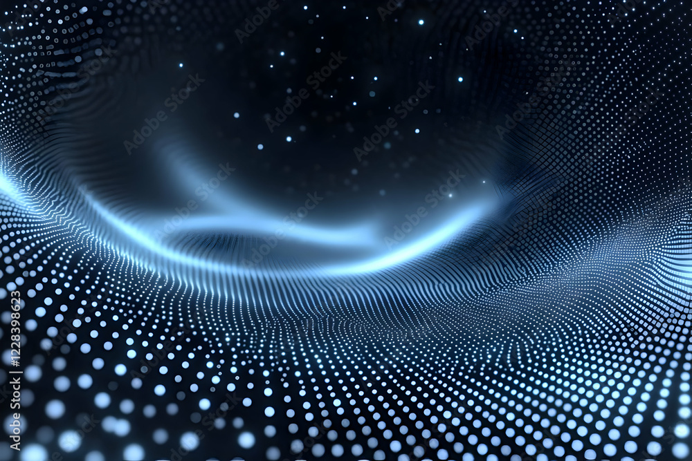 Poster abstract background with glowing dots forming a wave and light particles floating dynamically.