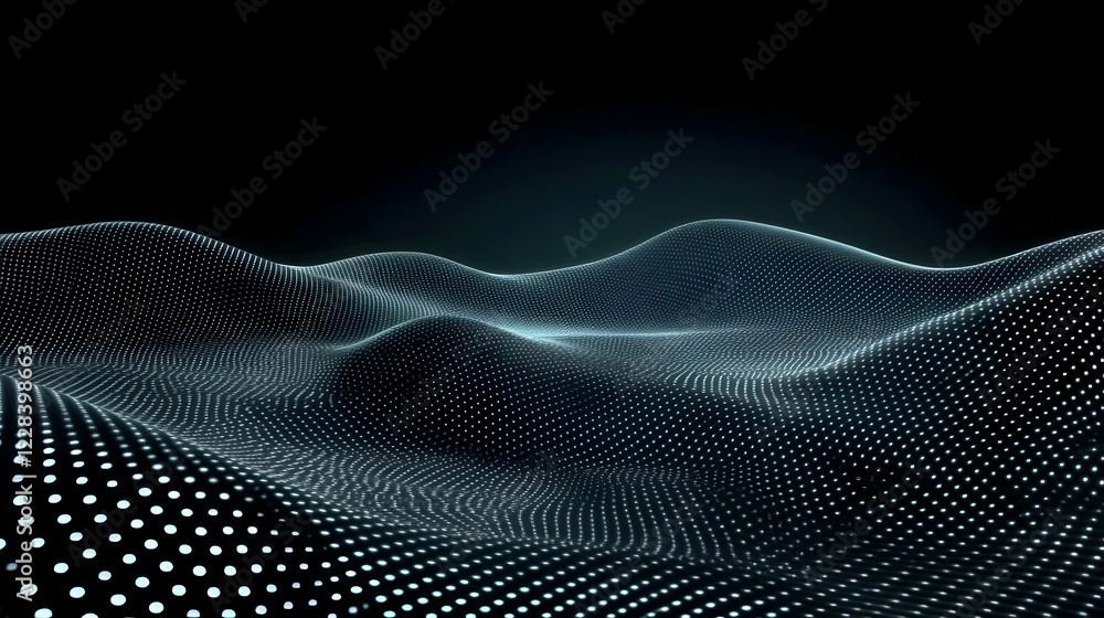 Poster abstract 3d landscape forms gentle waves with glowing dots in dark background