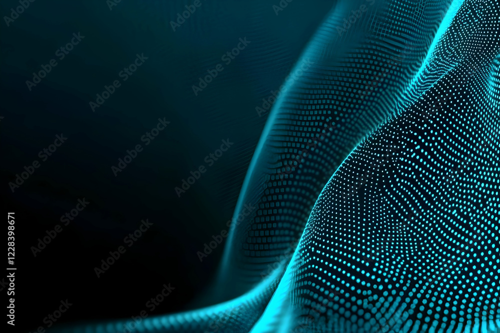 Poster abstract blue particles flowing smoothly and gracefully in dark space background with digital patter