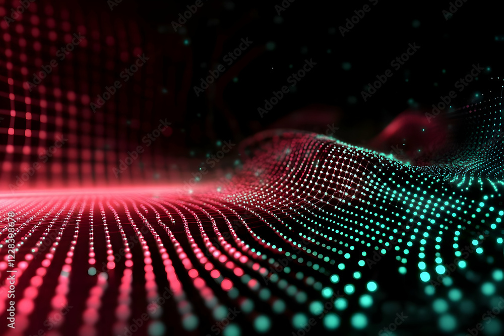 Poster abstract 3d landscape forms with glowing particles and network grid creatively.