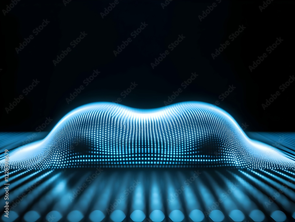 Poster abstract blue particle wave flows smoothly on a dark background