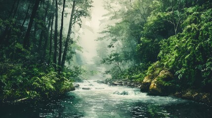 Obraz premium Tranquil River Flowing Through Lush Green Forest Landscape