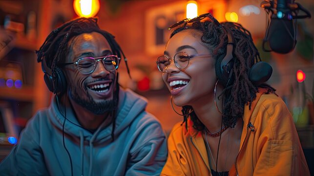 Two young people laughing while wearing headphones in a studio.