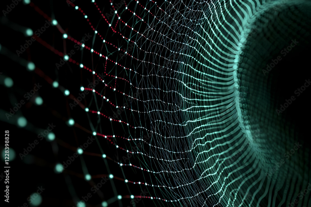 Poster abstract 3d rendered tunnel of interconnected nodes glowing softly on a dark background
