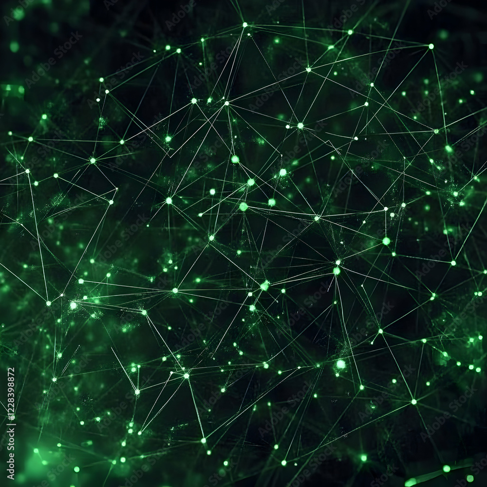 Aufkleber abstract green network connects nodes and forms intricate web on dark background