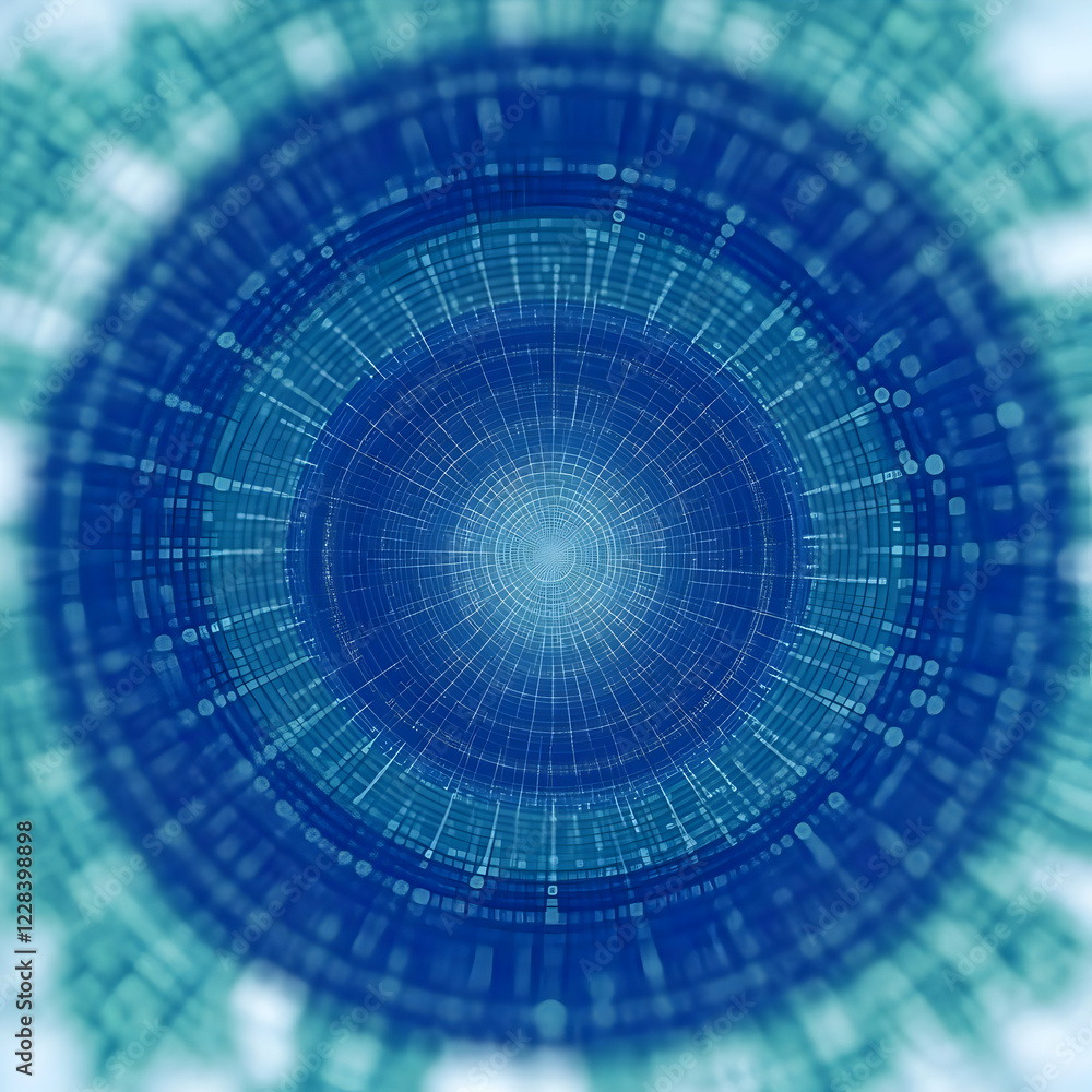 Poster abstract blue circular tunnel background creates a sense of depth and movement with light effects.