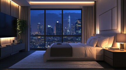 Luxury bedroom with city view at night, Perfect for travel, hotel, or real estate ads.