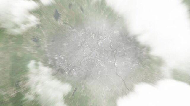 Earth zoom in from space to Paterson, New Jersey, USA. Followed by zoom out through clouds and atmosphere into space. Satellite view. Travel intro. Images from NASA