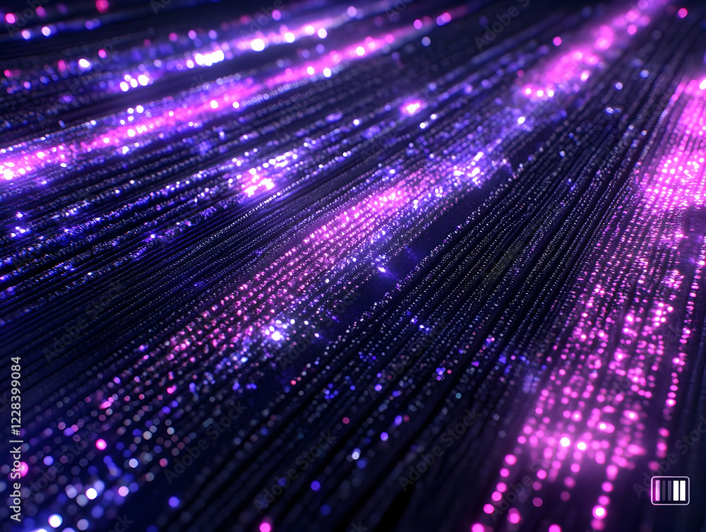 Poster abstract 3d background with glowing lines and particles flows dynamically in purple and pink hues