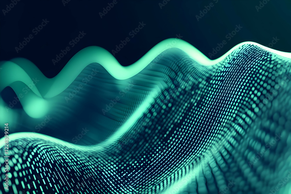 Poster abstract 3d background shows wavy surface with digital grid pattern in teal and black