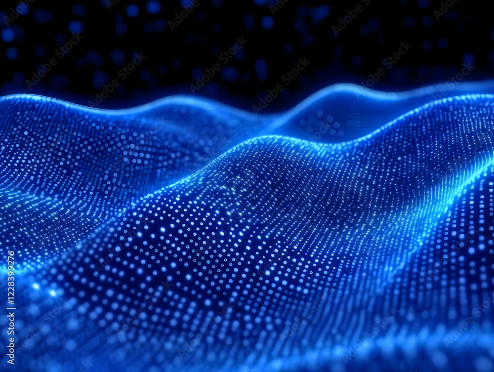 Poster abstract blue wavy landscape flows smoothly with digital dots pattern in a dark background