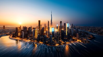 Sunrise cityscape, skyscrapers, coastal city,  light trails, travel
