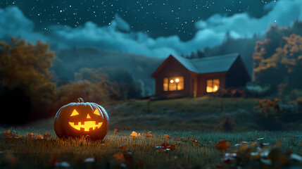 A glowing jack-o'-lantern sits on a grassy lawn with a house lit up in the background, all under a starlit sky. Starlit Falls. Illustration