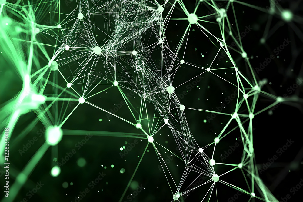 Poster abstract green network illustration depicts interconnected nodes and data flow dynamically on dark b