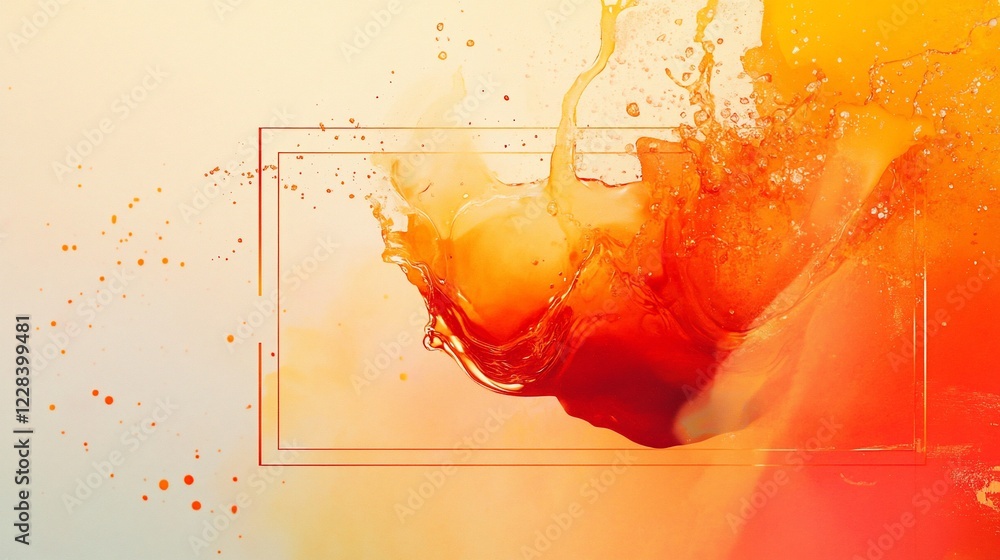 Poster dynamic abstract orange liquid splash with geometric frame on a light background
