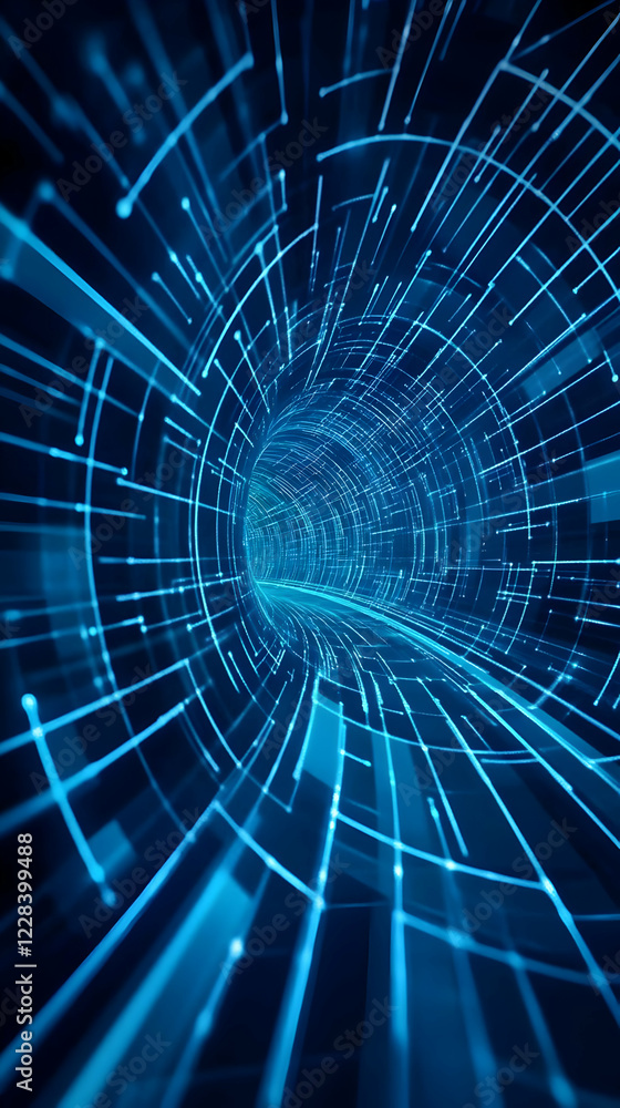 Poster abstract blue tunnel shows digital data flow with network lines and bright highlights.