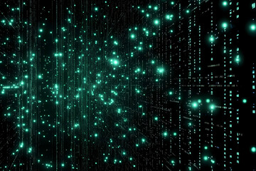 Abstract Data Stream Flows with Glowing Particles and Code on a Dark Background