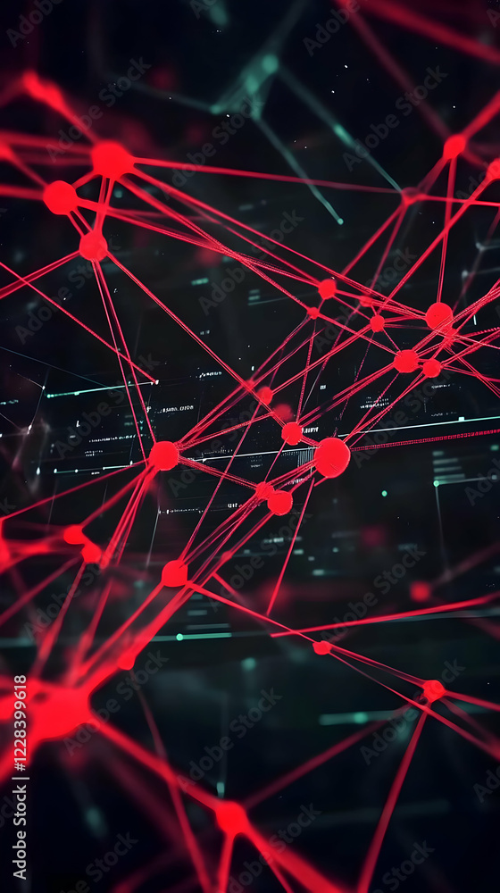 Poster Abstract 3D Network Visualization Connects Red Nodes Dynamically Across Dark Background with Data Streams