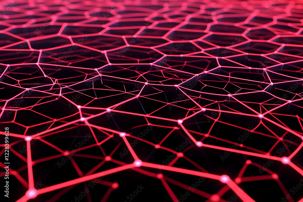 Poster red network grid connects nodes seamlessly, forming an intricate digital web with futuristic appeal.