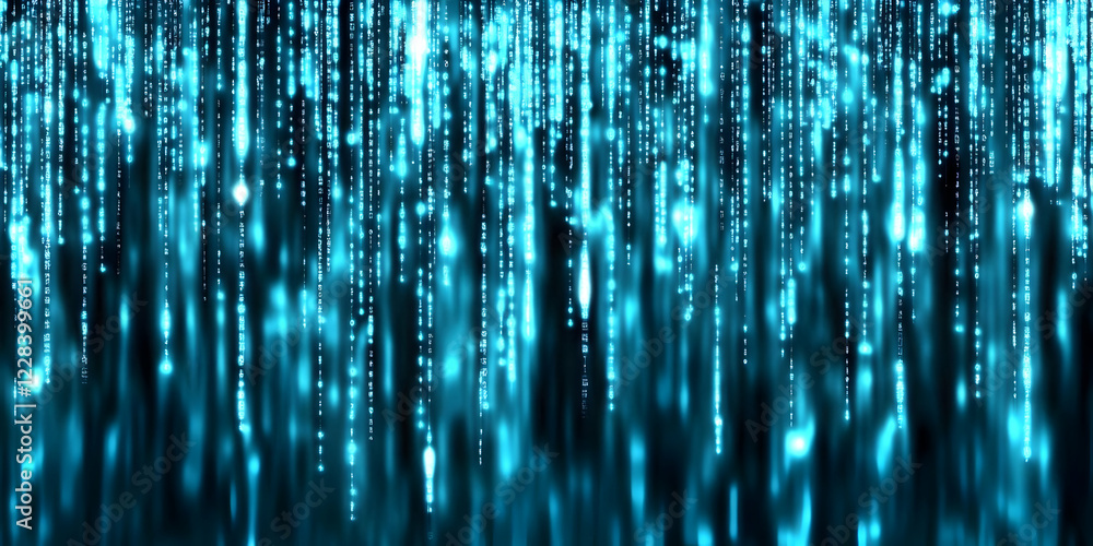 Poster abstract background shows flowing data streams with bright blue lights and numbers