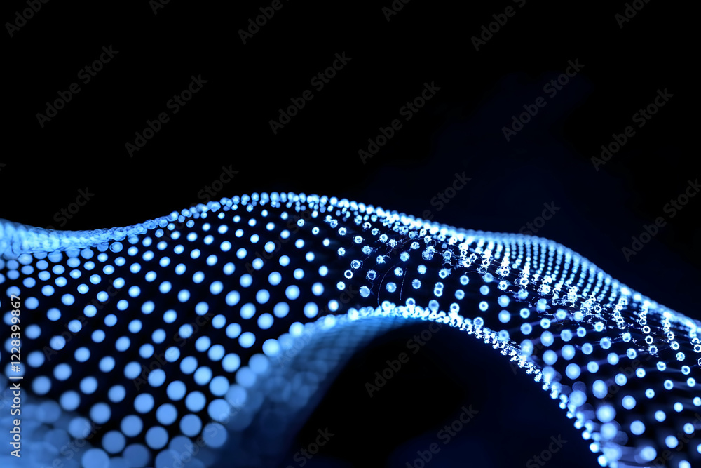 Poster abstract blue particle wave flows smoothly on a dark background