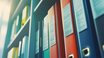 Colorful folders on a shelf in a modern office environment