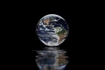 Earth reflected on still water against black background