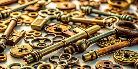 Vintage Keys & Locks:  Antique Hardware on White Background - Stock Photo