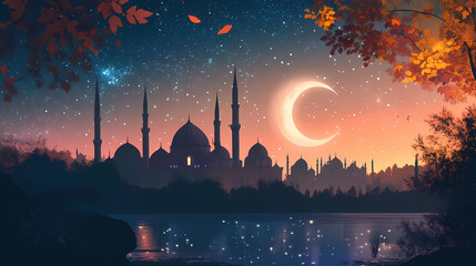 Autumnal mosque, crescent moon, city skyline, starlit night, peaceful scene, calendar use. Starlit Falls. Illustration