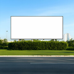 Blank Billboard Stands Tall by Roadside with Lush Greenery and Clear Blue Sky.