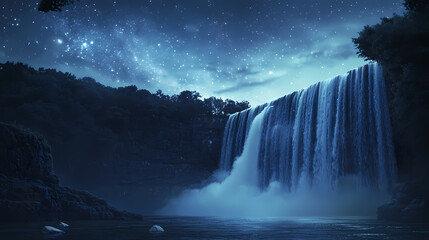 Cascading waterfall under a starlit horizon serene realism misty environment soft celestial illumination. Starlit Falls. Illustration