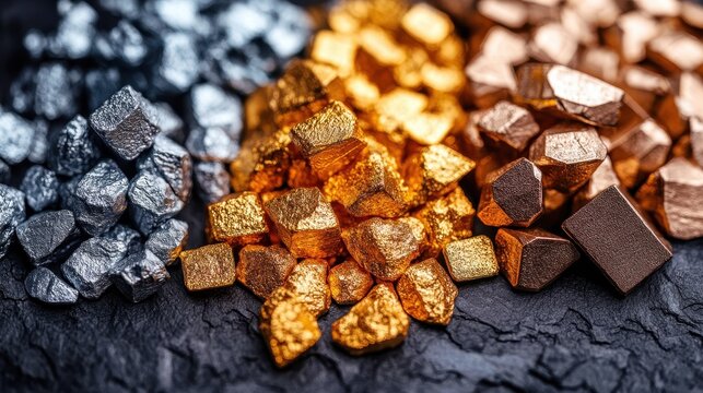 Close-up of gold, silver, and bronze nuggets. Illustrates precious metals, ideal for finance, investment concepts.