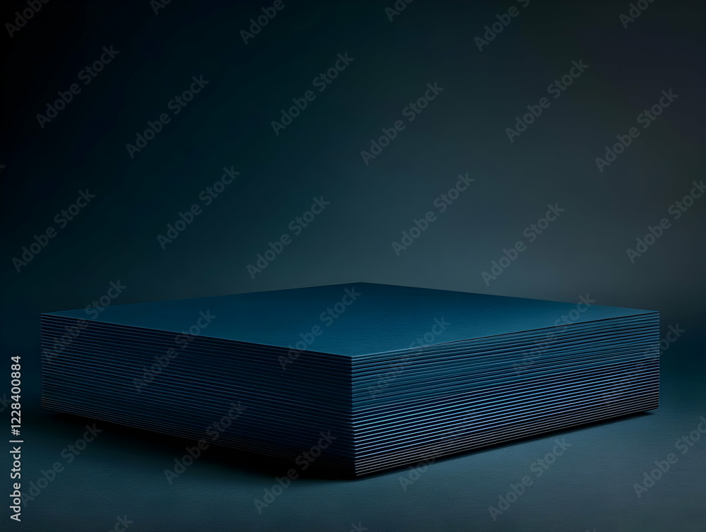 Poster stack of blue sheets creates a geometric structure on a dark background, minimalist composition.