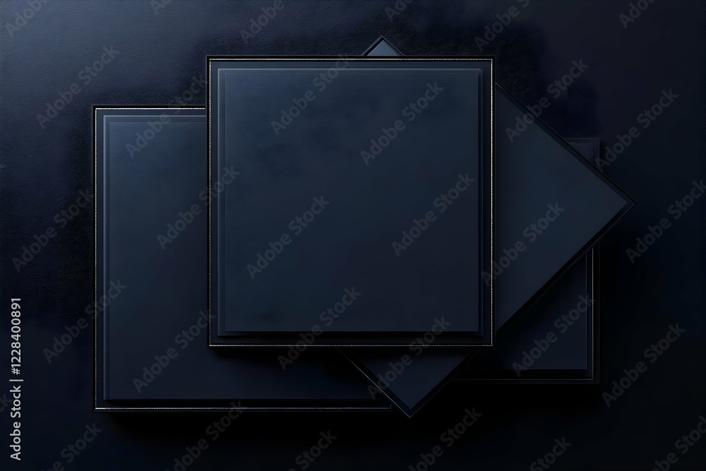 Poster abstract 3d render of dark blue square shapes overlapped with silver edges on a textured background