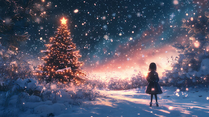 Naklejka premium Enchanted winter wonderland 3d digital art with illuminated christmas tree falling snow and magical starlit night sky background. Starlit Falls. Illustration