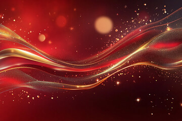 Elegant Golden Waves Flowing Over Vibrant Red Background, Luxury Abstract Design with Smooth Metallic Texture and Festive Curves