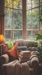Fototapeta premium Cozy Reading Nook with Natural Light and Many Books in Greenery