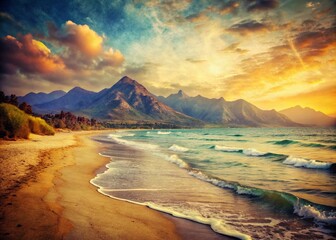 Naklejka premium Vintage Mountain Beach Sunset: Retro Coastal Landscape Photography