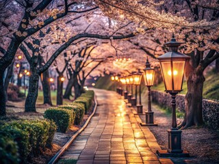 Fototapeta premium Vintage Night Park: Tiled Path, Lanterns, Japanese Cherry Blossoms