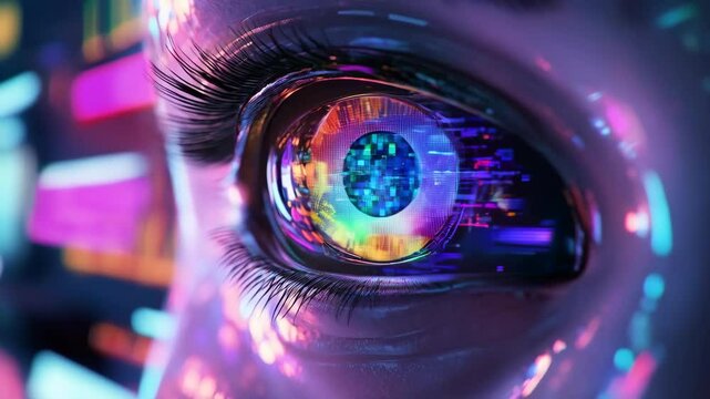 3d animation close-up of moving and blinking blue eye of humanoid robot. Concept of AI artificial intelligence and machine learning. 