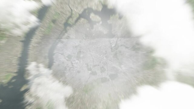 Earth zoom in from space to Elmhurst, New York, USA. Followed by zoom out through clouds and atmosphere into space. Satellite view. Travel intro. Images from NASA