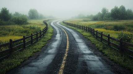Obraz premium Winding foggy road through fields with a wooden fence