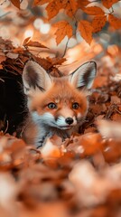 Adorable Young Fox Surrounded by Autumn Leaves in Nature