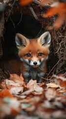 Obraz premium Young Fox Emerging from Burrow in Autumn Leaves