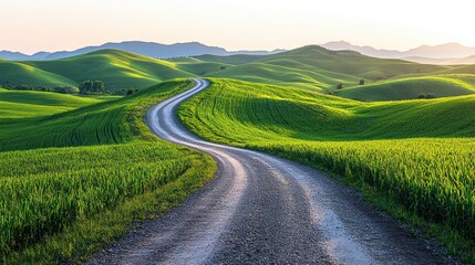 Naklejka premium Winding dirt road through green hills at sunrise