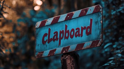 A weathered, vintage-inspired clapboard sign with bold red lettering amidst a lush backdrop, exemplifying rustic aesthetics and environmental charm.