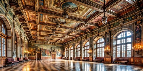 Obraz premium A grand hall with high ceilings, ornate wooden beams, and large windows, adorned with ancient frescoes and tapestries, creating a sense of grandeur and history , grand hall, tapestries